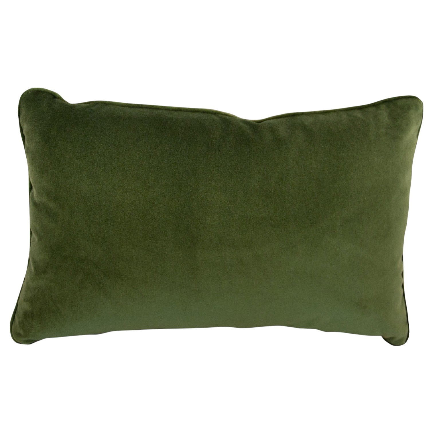 The Baltazar Olive Lumbar Pillow features a rectangular, smooth velvet design in olive green with gently rounded corners and down filling for style and comfort, shown here against a white background.