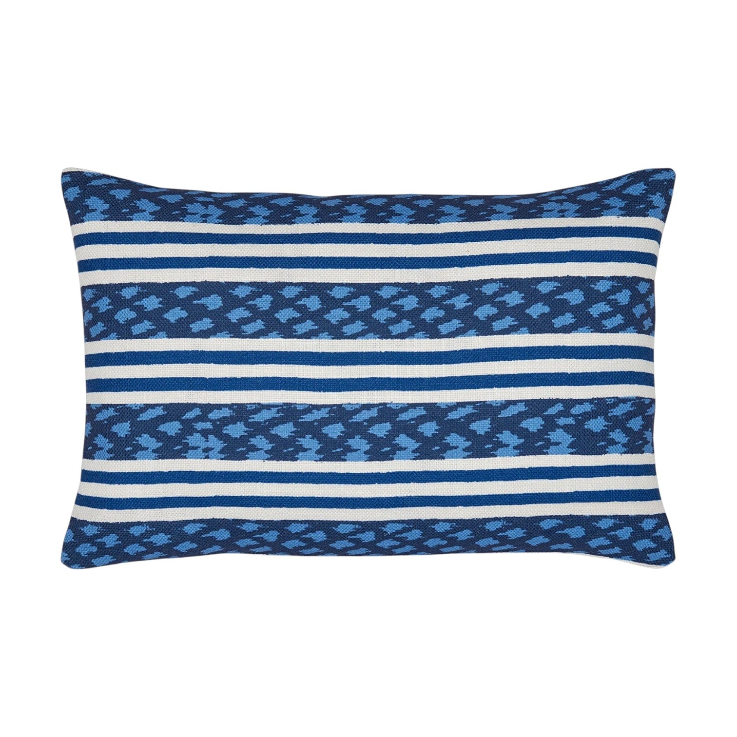 The Banita Outdoor Lumbar Pillow showcases horizontal stripes in varying shades of blue and white, accented by geometric patterns woven into weather-resistant fabric.