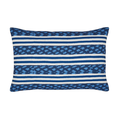 The Banita Outdoor Lumbar Pillow showcases horizontal stripes in varying shades of blue and white, accented by geometric patterns woven into weather-resistant fabric.