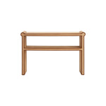 The Small Matthew Console features a rectangular wooden top, an open shelf below, clean lines, and subtle full-grain leather trim, shown against a white background.