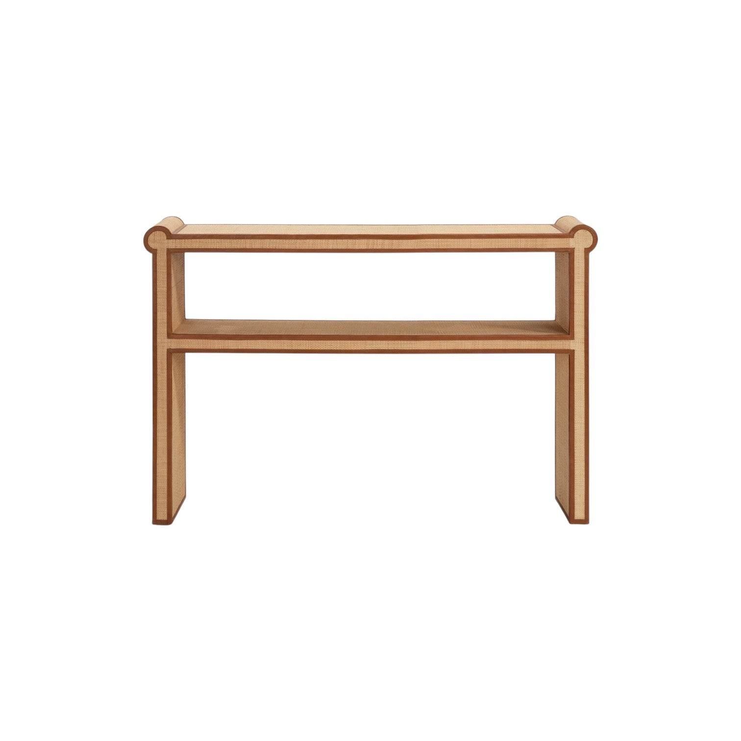 The Small Matthew Console features a rectangular wooden top, an open shelf below, clean lines, and subtle full-grain leather trim, shown against a white background.