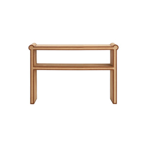 The Small Matthew Console features a rectangular wooden top, an open shelf below, clean lines, and subtle full-grain leather trim, shown against a white background.