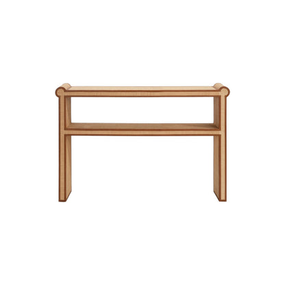 The Small Matthew Console features a rectangular wooden top, an open shelf below, clean lines, and subtle full-grain leather trim, shown against a white background.