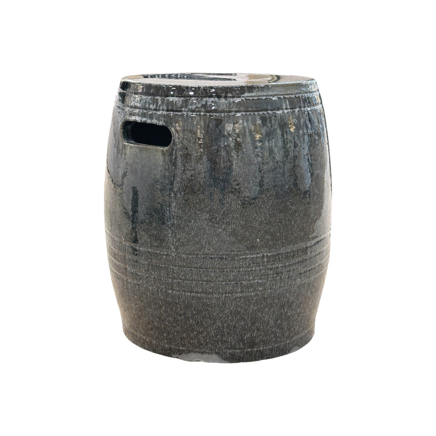 The Feathered Grey Barrel Stool is crafted from quality porcelain with a glossy finish, rounded barrel shape, and two rectangular side handles, shown isolated on a white background.