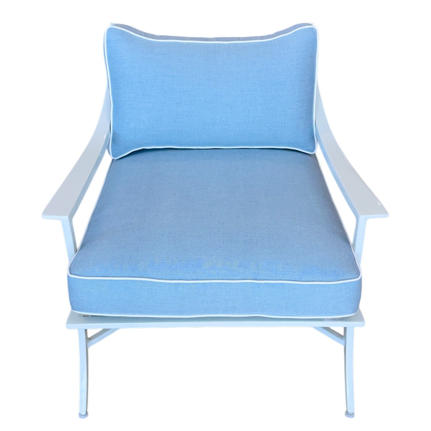 The Haret Outdoor Lounge Chair features blue cushions with white piping, a matching backrest, and metal armrests and legs—a stylish, comfortable addition to any metal outdoor furniture collection.