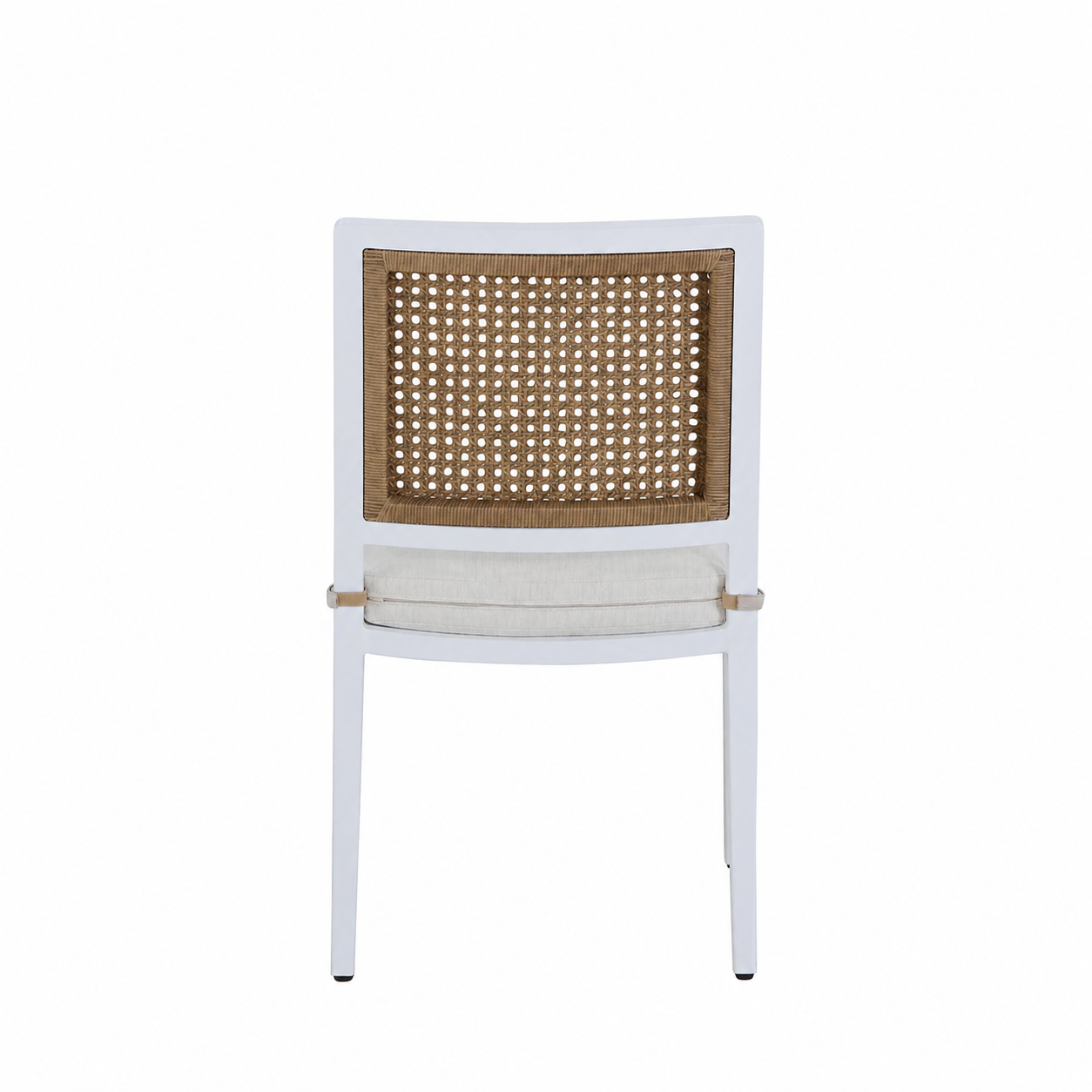 The Bermuda Arm Chair showcases a white frame, cane backrest, and light beige cushion—combining style and comfort for outdoor dining. Displayed from the back against a plain white background.