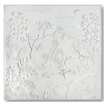The Carved Tropical Garden Panel II is a monochromatic bas relief mural featuring an underwater scene with plants, corals, a turtle, and a distant sun or moon in the sky, crafted in elegant Art Deco style.