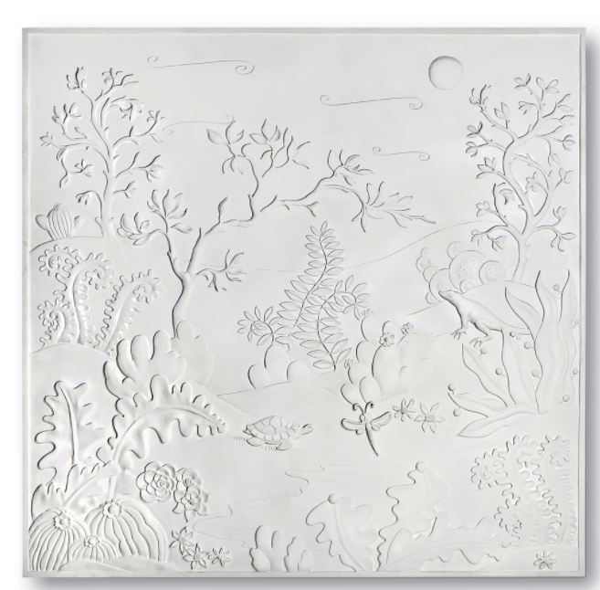 The Carved Tropical Garden Panel II is a monochromatic bas relief mural featuring an underwater scene with plants, corals, a turtle, and a distant sun or moon in the sky, crafted in elegant Art Deco style.