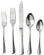 A Juliska Bistro 5 Piece Flatware Set, Bright Satin in chic timelessness, including two forks, a knife, a tablespoon, and a teaspoon, all arranged vertically.