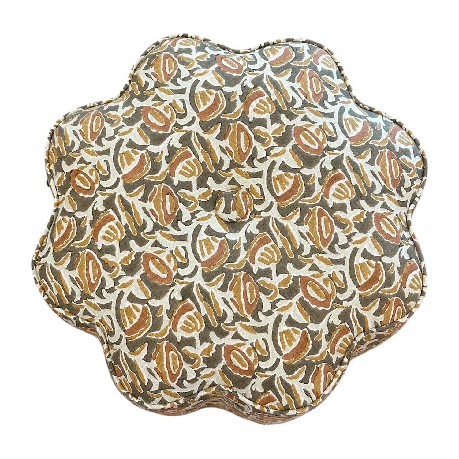 The Stella Stool in Marbella Linen Eucalypt on White features a fabric flower shape with brown, beige, and olive green leaf patterns—ideal for compact seating or as an upholstered footrest.