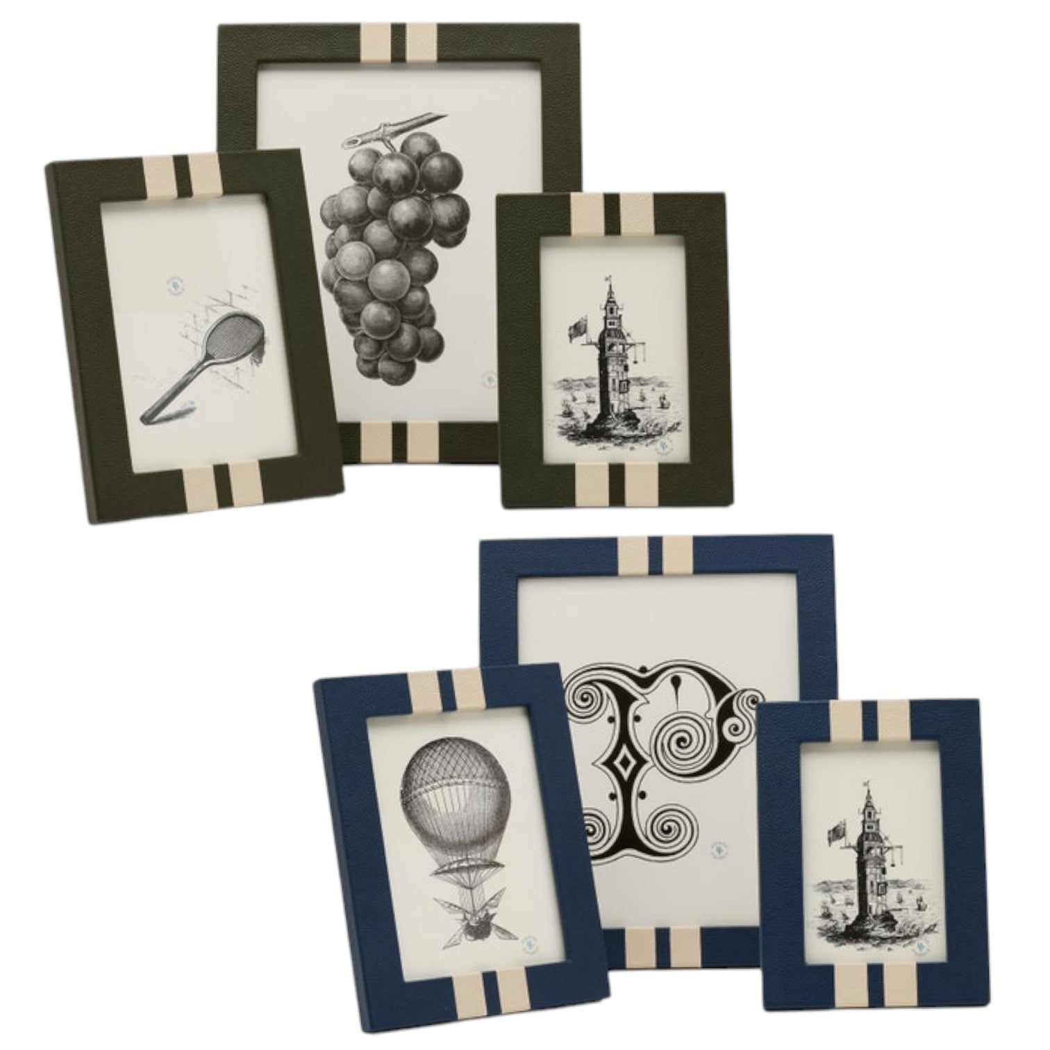 The Blake Frame Collection features six double-stripe frames with striped borders, showcasing black and white illustrations of grapes, a tennis racket, a tower, a hot air balloon, and an abstract design.