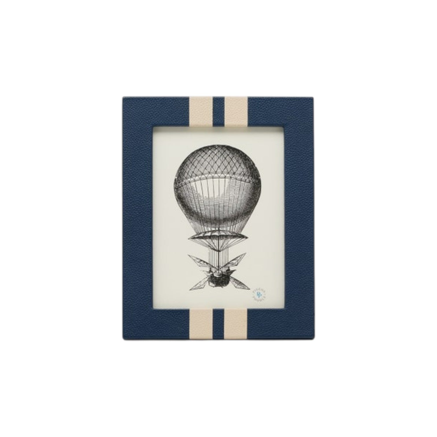A framed black and white vintage hot air balloon illustration in a navy nautical Blake Frame Collection frame with two vertical beige stripes.