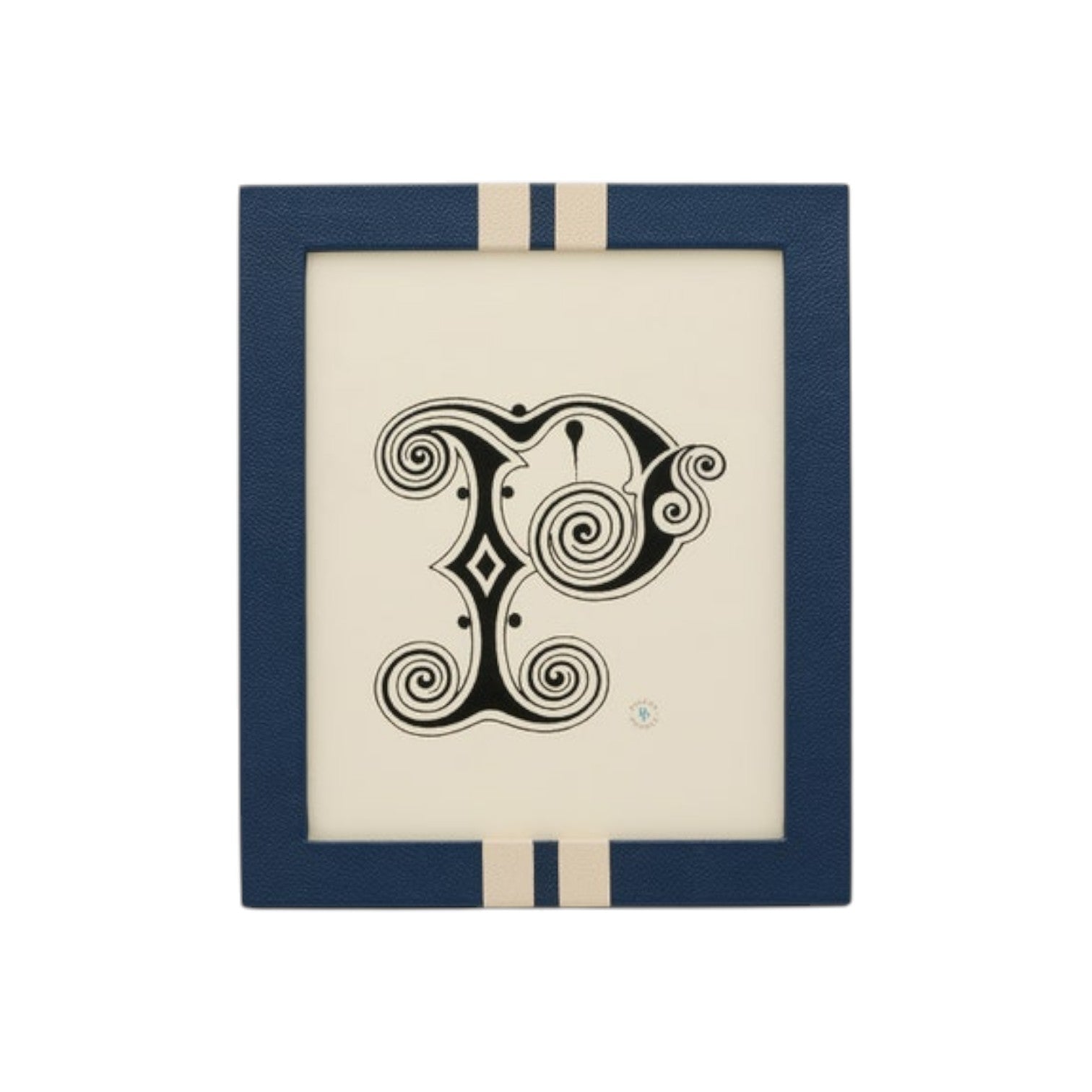 A framed illustration of an ornate black letter "P" with decorative swirls, showcased in a navy blue Blake Frame Collection frame featuring two vertical cream stripes.