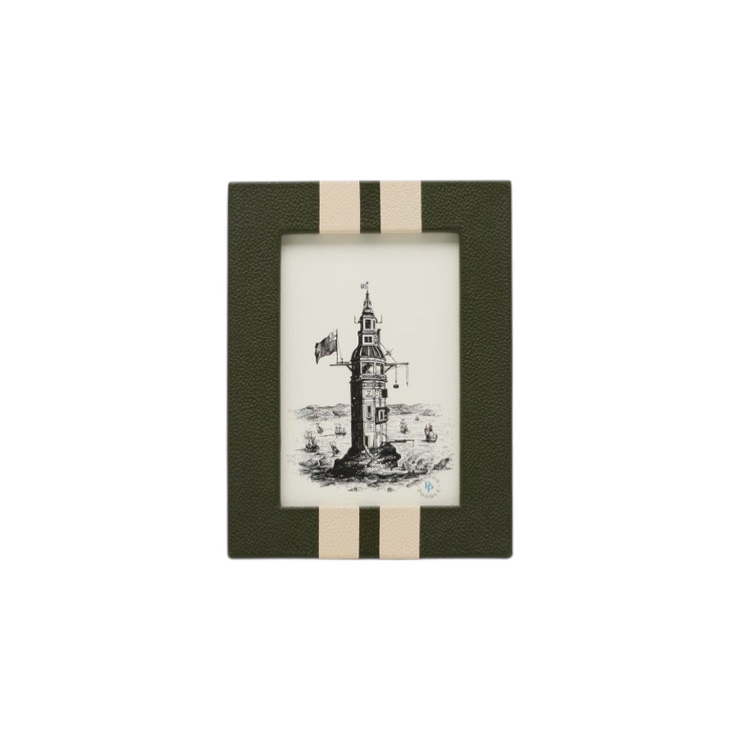 The Blake Frame Collection features a rectangular double-stripe frame in green and beige, showcasing a black-and-white lighthouse illustration with ships for a nautical accent in any room.