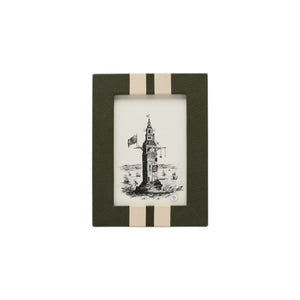 The Blake Frame Collection features a rectangular double-stripe frame in green and beige, showcasing a black-and-white lighthouse illustration with ships for a nautical accent in any room.