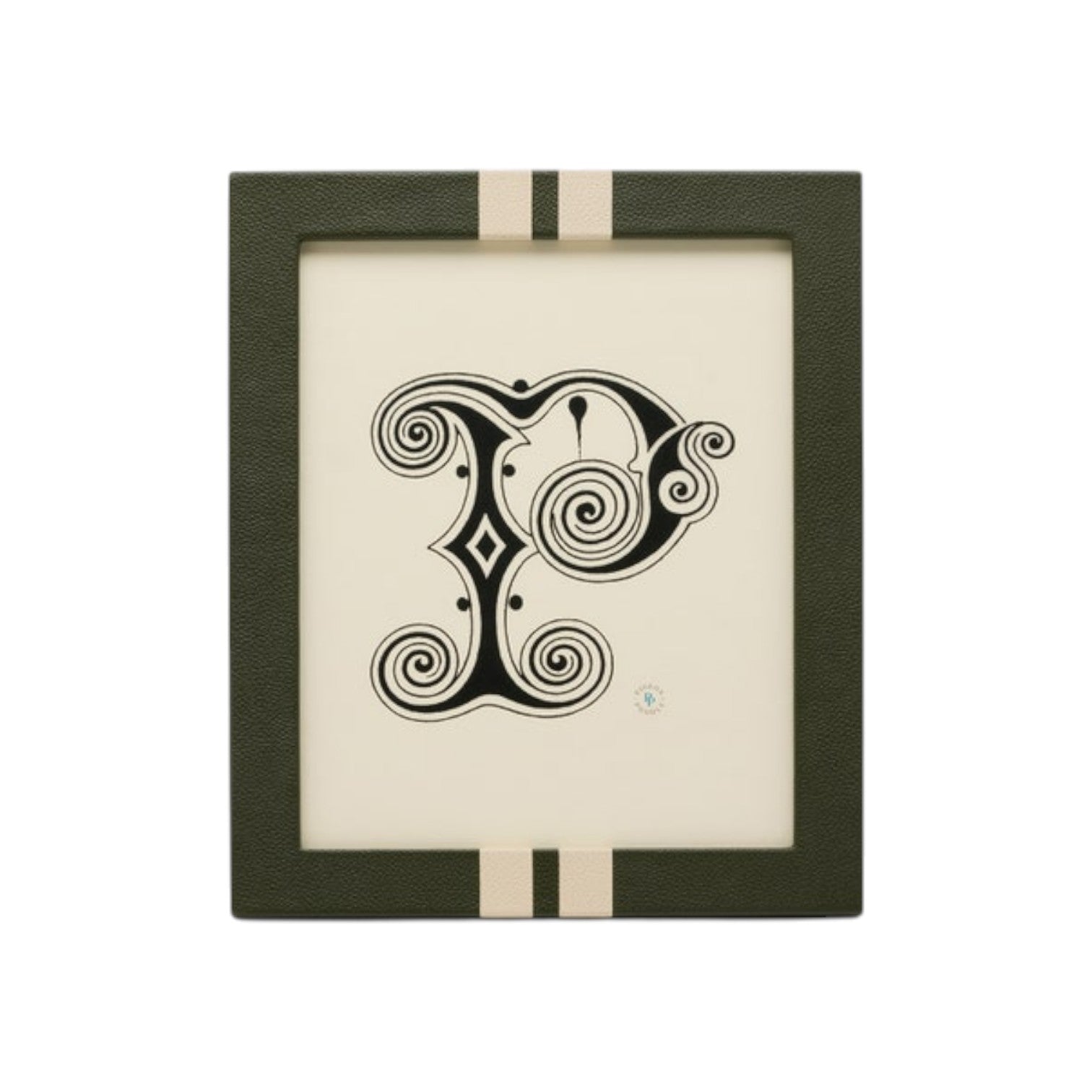 The Blake Frame Collection features a framed print with an ornate black letter "P" on cream, set in a dark green frame with double beige stripes—an elegant, classic accent for any space.