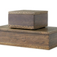 The Large Turney Box features rectangular walnut-stained mango wood and decorative textured metal edges, creating a stylish midcentury storage solution when stacked with its smaller companion against a white background.