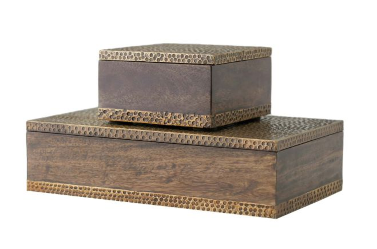 The Large Turney Box features rectangular walnut-stained mango wood and decorative textured metal edges, creating a stylish midcentury storage solution when stacked with its smaller companion against a white background.