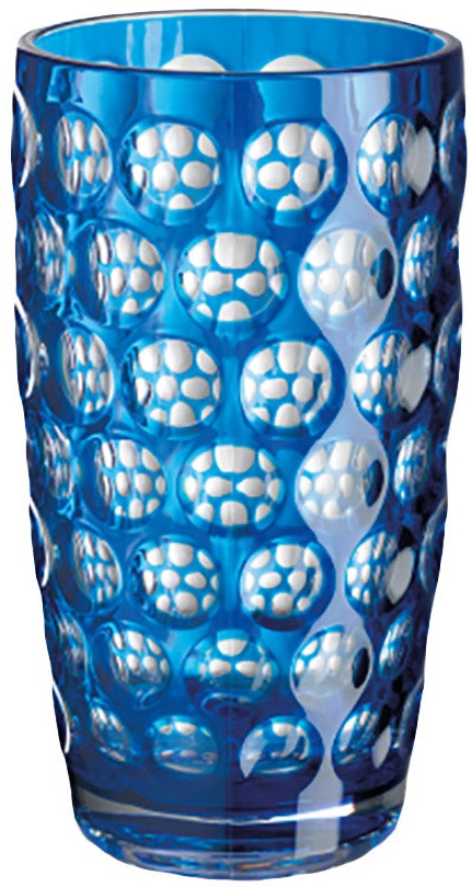 A blue tumbler from the Mario Luca Giusti Lente Acrylic Collection, ideal for outdoor entertaining, featuring a circular, textured pattern.