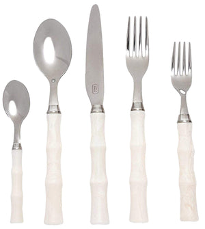 A set of five stainless steel cutlery pieces with faux ivory-textured handles, including a small spoon, large spoon, knife, dinner fork, and salad fork has been replaced with the Blue Pheasant Montecito 5 Piece Flatware Set, Ivory.