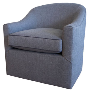 The Sloan Swivel Chair is a modern, grey upholstered armchair featuring a curved back, thick seat cushion, and a smooth swivel base for enhanced comfort.