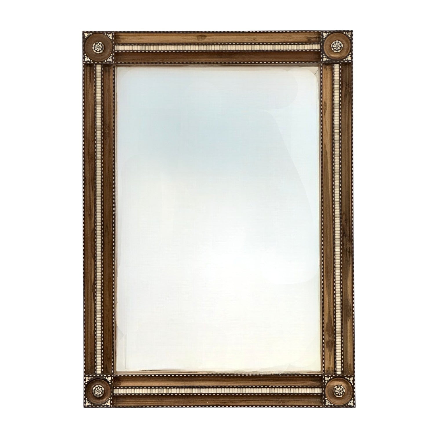 The H80 Wood Mirror features an elegant rectangular frame with detailed corners and beaded trim, exuding artisanal style and shown empty against a white background.