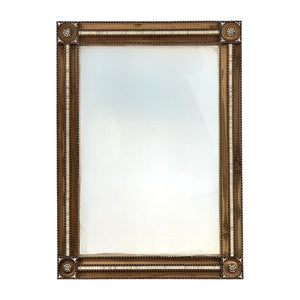 The H80 Wood Mirror features an elegant rectangular frame with detailed corners and beaded trim, exuding artisanal style and shown empty against a white background.
