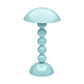 The Addison Ross Bobbin LED Cordless Lamp is a modern, portable light with a dome-shaped shade and base, plus a stem of four glossy light blue bobbin-shaped spheres.
