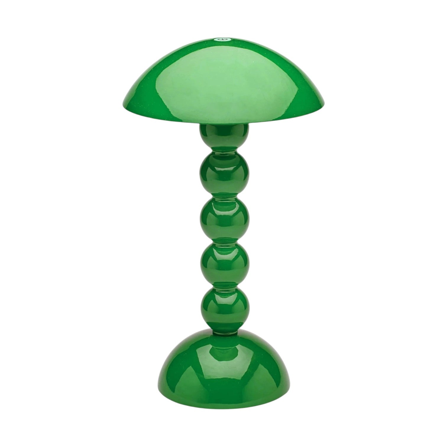 The Addison Ross Bobbin LED Cordless Lamp features a glossy green finish, a dome-shaped shade, and a base of four stacked spheres with a rounded bottom.