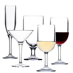 A selection of five empty and partially filled glasses from the Bold Revel Acrylic Collection, featuring wine, champagne, and martini designs crafted from premium polycarbonate, set against a white background.