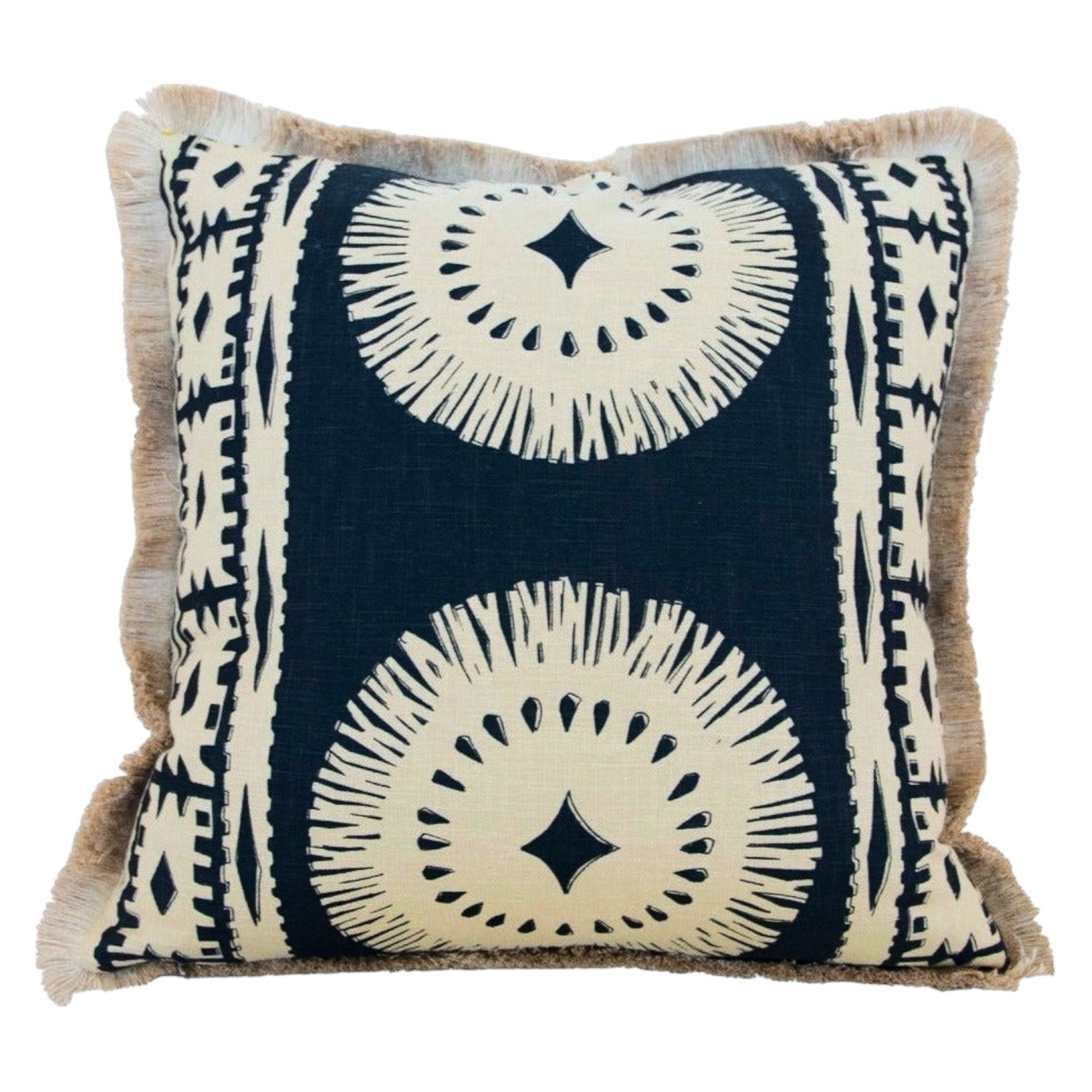 The Bora Bora Lava Black Pillow is a square accent pillow with a black and beige geometric pattern, featuring Polynesian-inspired circular designs and fringe trim along the edges.
