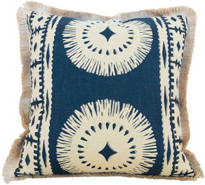 A Bora Bora Lava Black Pillow with a navy blue and beige geometric pattern, featuring fringed edges and crafted from the finest materials.