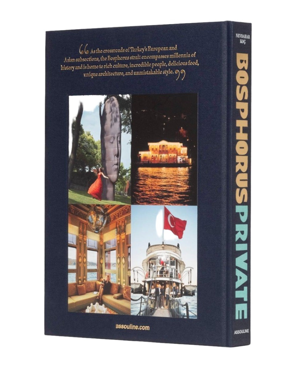 Cover of a book titled "Bosphorus Private" featuring images of a statue, a lit boat at night on the Bosphorus Strait, an ornate interior showcasing unique architecture, and a Turkish flag.