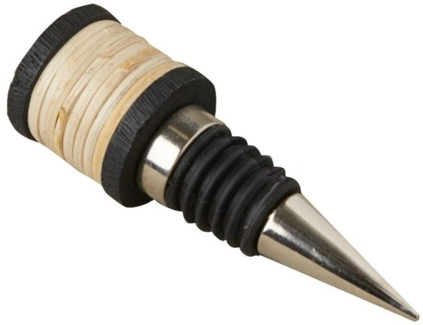 A bottle stopper from the Be Home Black Mango Wood & Rattan Bar Accessories Collection with a mango wood handle.