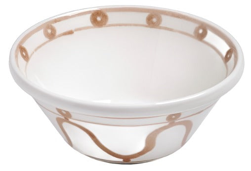 A white ceramic bowl with a light brown, hand-painted Themis Z Serenity Beige Collection pattern along the rim and sides.