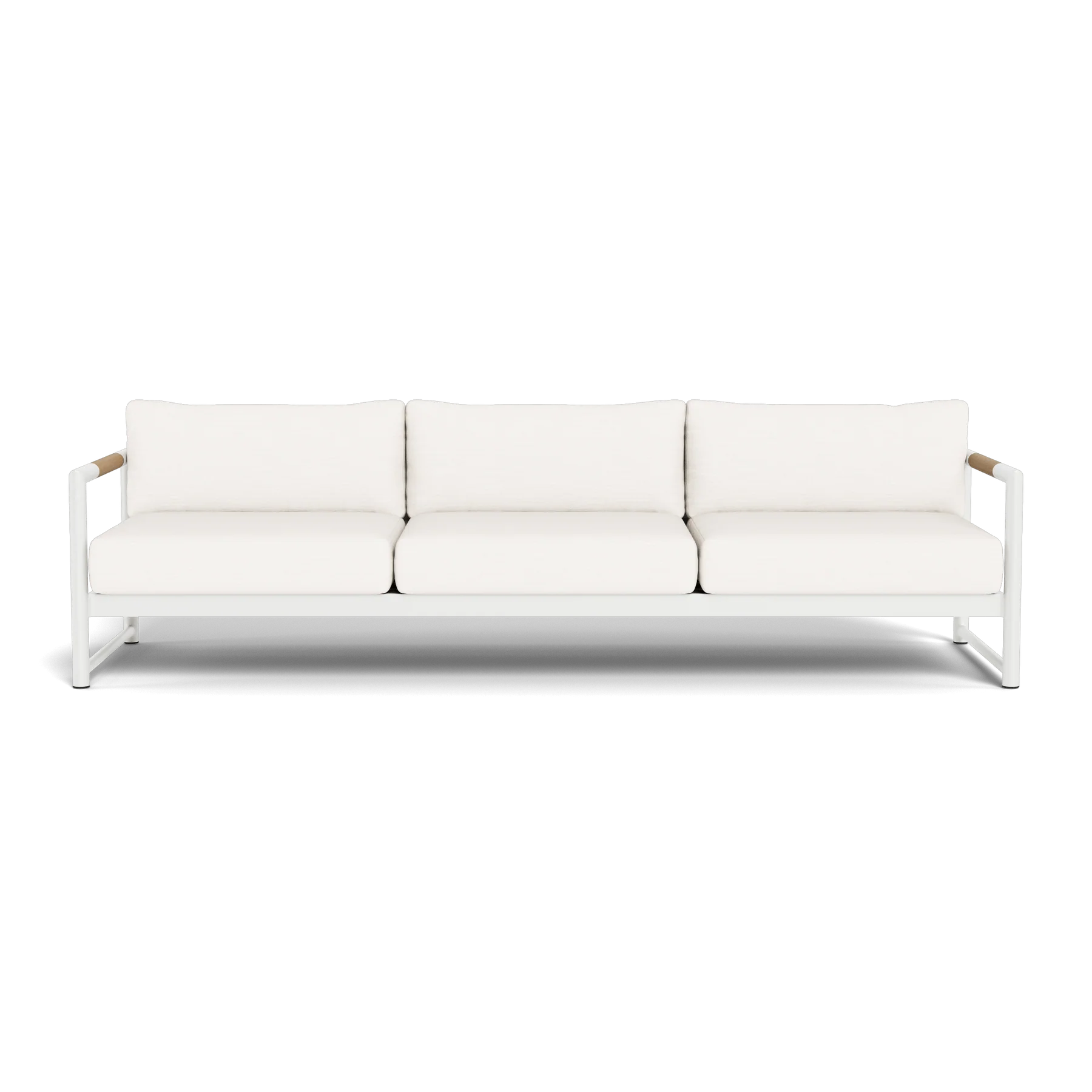 The Breeze XL 3 Seat Sofa features a modern white design with a metal frame and slim armrests, shown from the front against a plain white background.