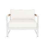 The Breeze XL Lounge Chair features a modern white design, aluminum frame, plush seat and back cushions, and elegant teak accents, displayed against a plain white background.