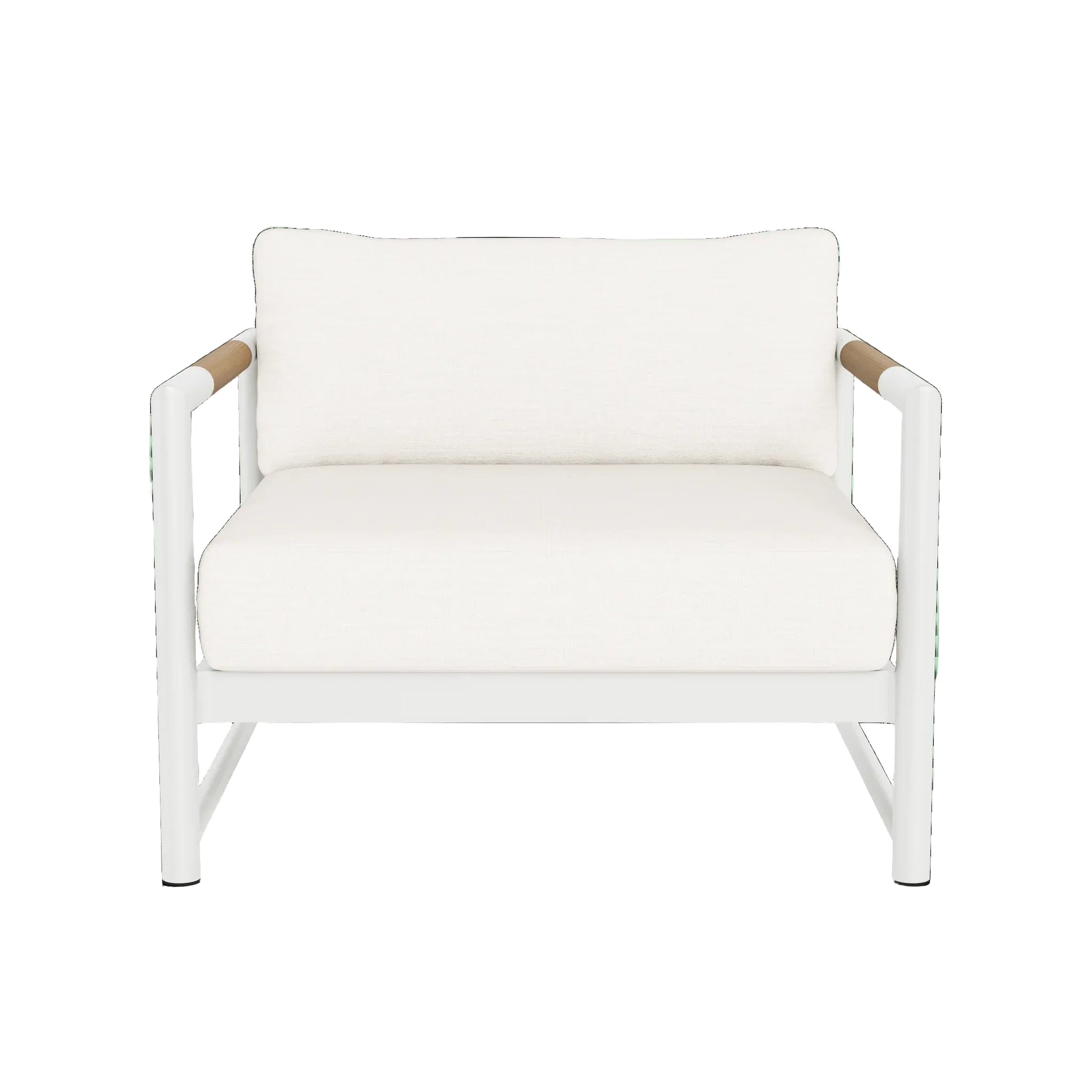 The Breeze XL Lounge Chair features a modern white design, aluminum frame, plush seat and back cushions, and elegant teak accents, displayed against a plain white background.