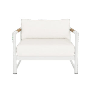 The Breeze XL Lounge Chair features a modern white design, aluminum frame, plush seat and back cushions, and elegant teak accents, displayed against a plain white background.