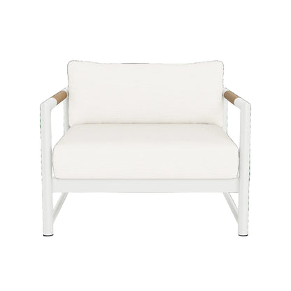 The Breeze XL Lounge Chair features a modern white design, aluminum frame, plush seat and back cushions, and elegant teak accents, displayed against a plain white background.