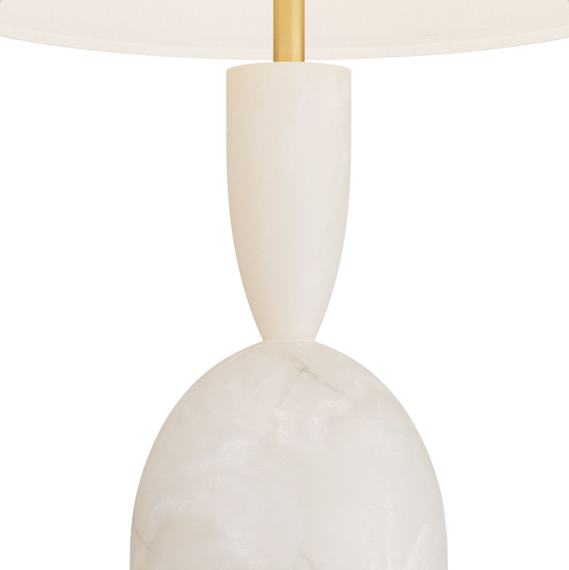 Close-up of the Brighton Lamp, showcasing its modern design with a gold stem, white marble base, and white shade. The lamp features an antique brass touch and offers adjustable lighting options through its convenient three-way rotary switch.