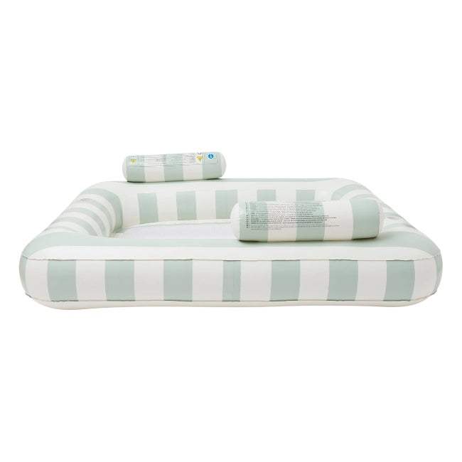 Rectangular inflatable pool with light green and white stripes, featuring two cylindrical headrests for luxury relaxation. For ultimate comfort, pair it with the SUNNYLiFE Luxe Twin Hammock Float.