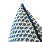 Close-up of the Burma White Indigo Outdoor Pillow, featuring a white base with a blue leaf pattern and blue piping, crafted from premium materials, set against a plain white background.