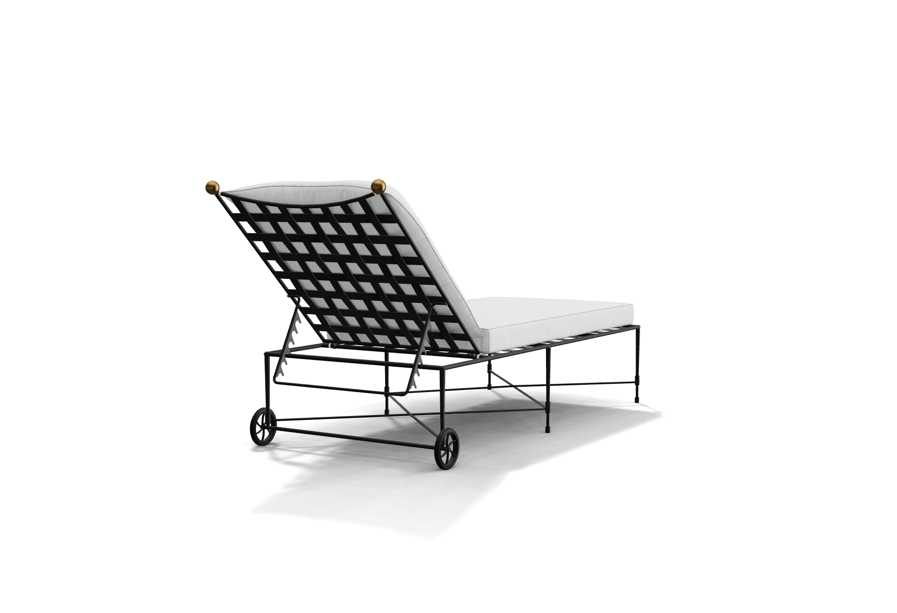 The Amalfi Chaise Lounge is a black metal outdoor chair with a white cushion, mesh backrest, and two small rear wheels, displayed on a white background.