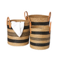 Three Hudson Baskets with leather handles and bold black stripes add stylish home décor; one holds a folded white cloth, all set against a crisp white background.