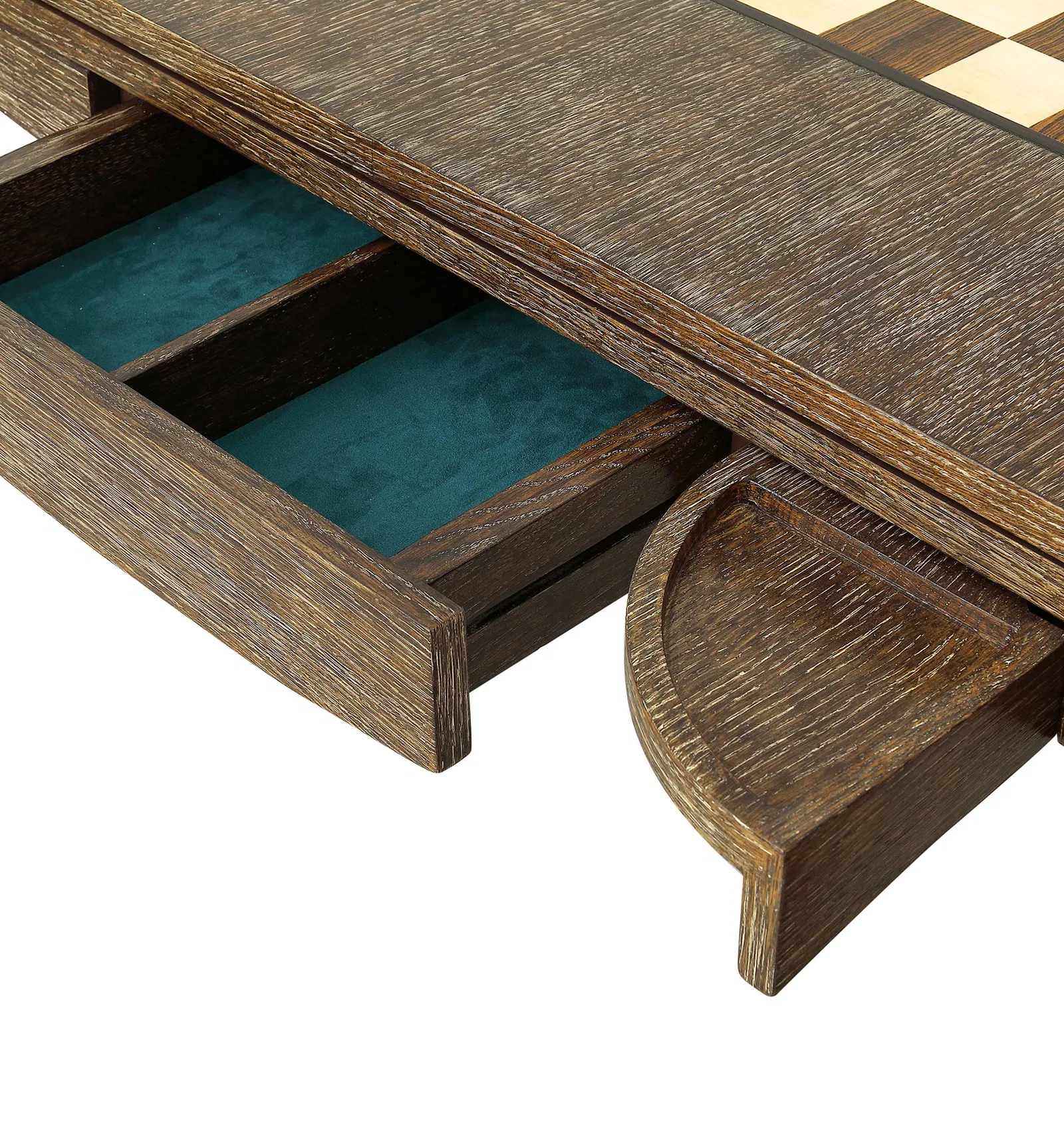 Close-up of the Bembridge Games Table in Dark Oak, featuring two open storage drawers lined with green fabric and divided compartments.