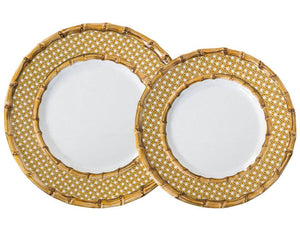 The Juliska Bamboo Caning Melamine Collection includes two elegant decorative round plates, each featuring gold lattice-patterned borders reminiscent of bamboo. Made from shatterproof melamine, the collection offers both a larger and a smaller plate, ensuring durability alongside stylish design.