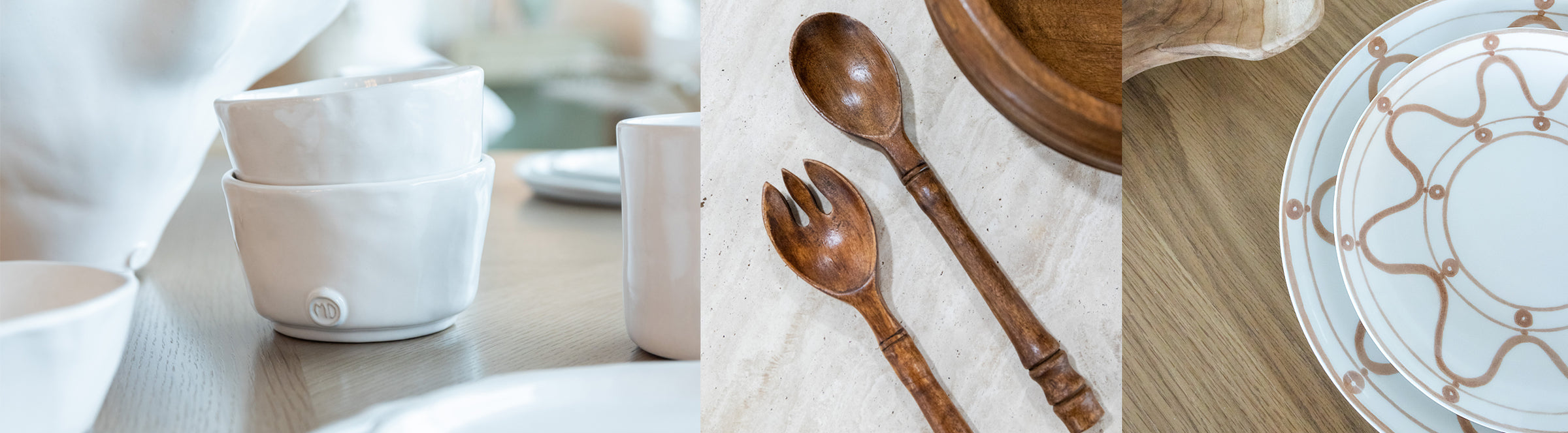 neutral earthenware dinnerware and acacia wood servers