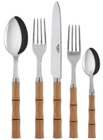 The Sabre Bamboo 5 Piece Flatware Set includes essential utensils with metal tops and wooden handles: a large spoon, fork, knife, smaller fork, and small spoon. Perfect for your daily meals and an ideal starting point for any kitchen collection.