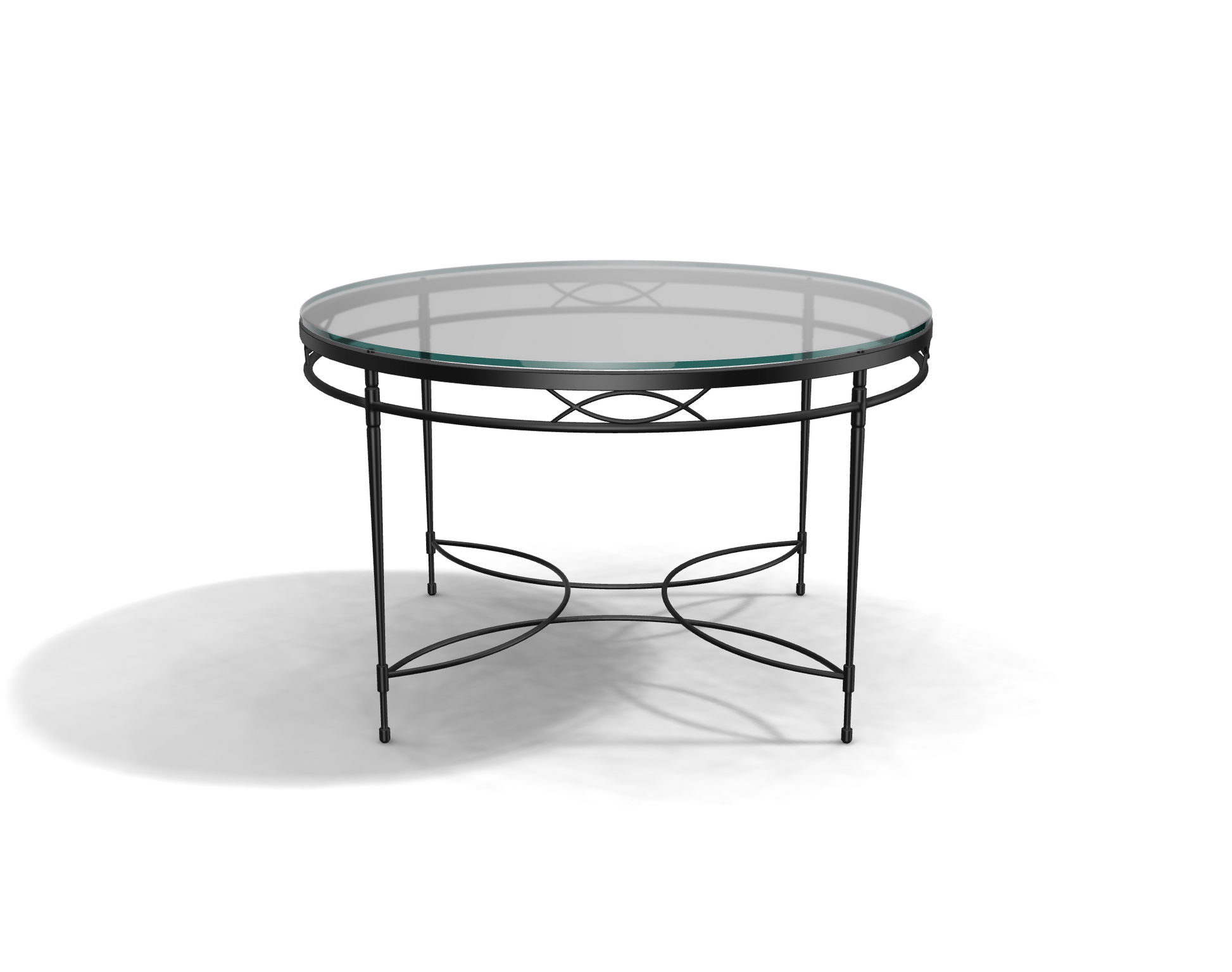 The Amalfi Glass Top Round Dining Table features a hand-forged steel frame with decorative curved metal accents on the legs and base, shown on a white surface.